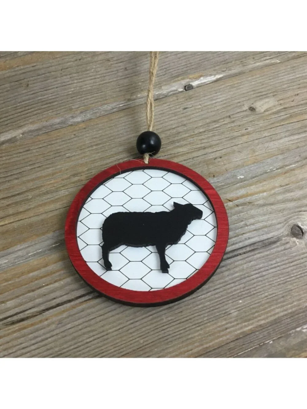 Sheep Rustic Farm Christmas Ornament with Laser-Cut Chicken Wire Pattern